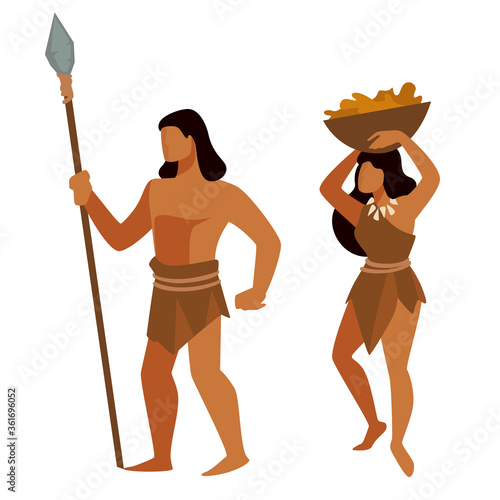 Neanderthals during prehistoric era, man and woman hunting and gathering