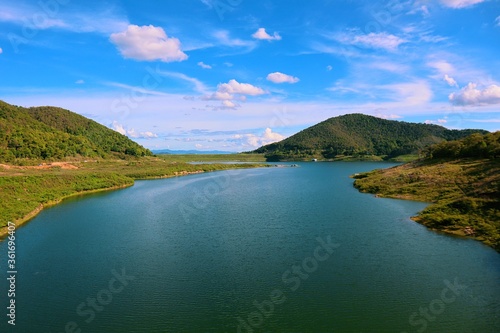 Natural scenery dam. Natural landscape around the dam. Forests and greenery. Big river. Chiang Mai, Thailand. amazing landscapes. Mae Kuang Udom Thara Dam. beautiful nature. Good for meditation.