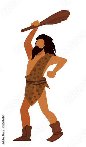 Prehistoric man holding wooden bat, hunter or warrior