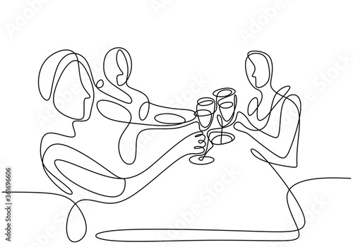 Continuous one line drawing, vector of group people cheering with glasses of wine or champagne. Man and woman in party celebration. Minimalism design with simplicity isolated on white background.