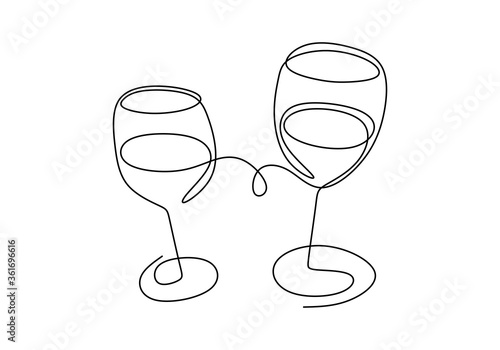 Continuous one line drawing. cheering with glasses of wine or champagne. Minimalism sketch hand drawn isolated on white background. Simplicity line art abstract style.