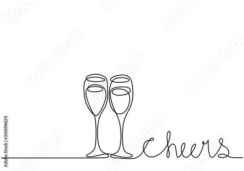 Continuous one line drawing. cheering with glasses of wine or champagne. Minimalism sketch hand drawn isolated on white background. Simplicity line art abstract style.