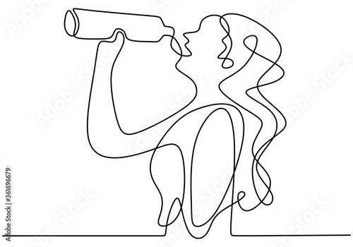 Continuous one line drawing, vector of woman drinking water from bottle after sport exercise. Minimalism design with simplicity hand drawn isolated on white background.