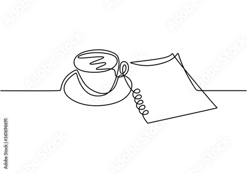 Continuous one line drawing, vector of coffee and paper symbol of working and creativity. Minimalism design with simplicity hand drawn isolated on white background.
