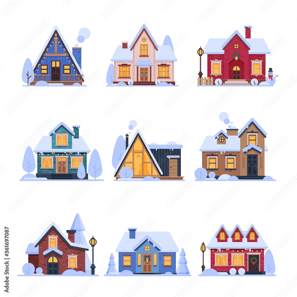Cute Snowy Suburban Houses Set, Rural Cottage Buildings with Glowing Windows Vector Illustration