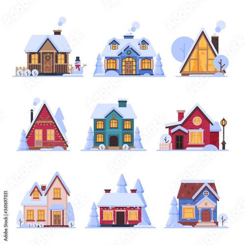 Cute Snowy Houses Collection, Suburban Cottage Buildings with Glowing Windows Vector Illustration