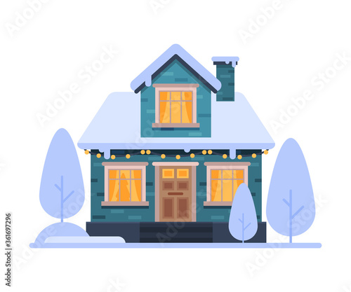 Cute Snowy Suburban House, Blue Rural Winter Cottage Vector Illustration