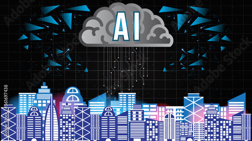 AI Artificial Intelligence technology background concept with brain and building smart city neural network thinks.Abstract futuristic sci-fi concept background.Processing big data, analysis.