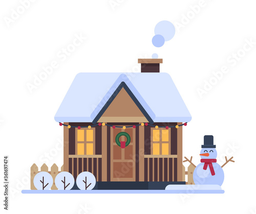 Snowy Suburban House, Rural Winter Cottage, Timbered Cabin with Smoking Chimney Vector Illustration