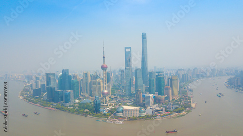 Photography Aerial shot of Lujiazui, the financial district in Shanghai, China, in a sunny day