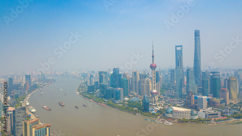 Photography Aerial shot of Lujiazui, the financial district in Shanghai, China, in a sunny day