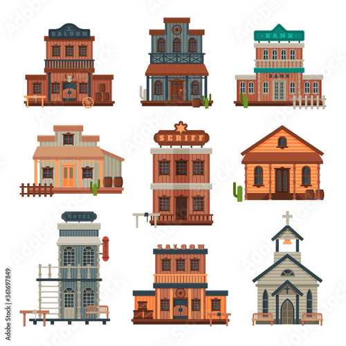 Wild West Wooden Buildings Collection, Bank, Saloon, Sheriff Office, Church, Western Town Design Element Vector Illustration