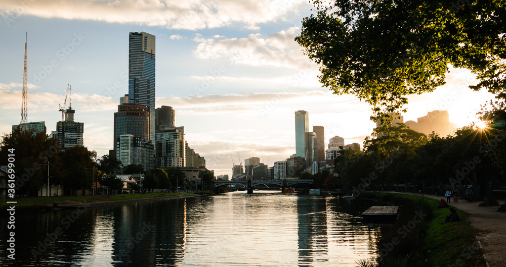 Panoramic view of the city of Melbourne from the Yarra River.