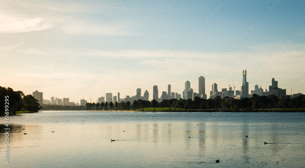 Panoramic view of Melbourne city from Albert Park on a sunny day
