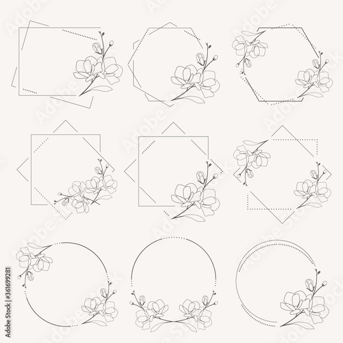 doodle line art magnolia blooming flower minimal frame for banner or logo collection