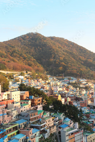 Fototapeta Naklejka Na Ścianę i Meble -  Gamcheon Culture Village which is houses built in staircase-fashion on the foothills of a coastal mountain during sunset in autumn, Busan, South Korea