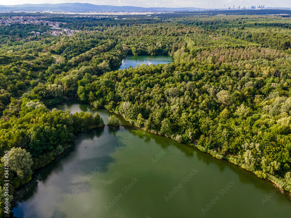 Aerial view of the lake called Oberwaldsee next to Darmstadt, Germany.