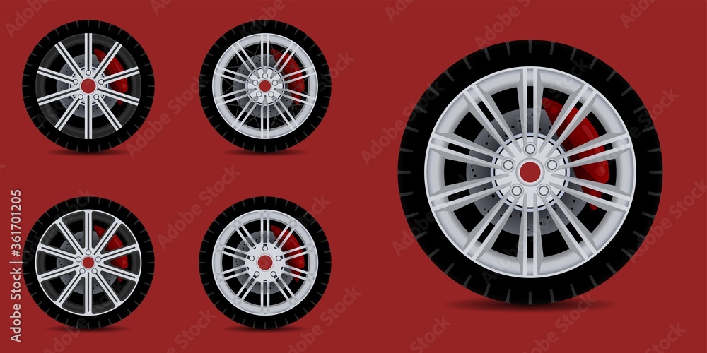 Sports car rim. car tyre collection isolated graphic design for modern transportation car.