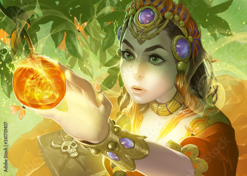 Original digital illustration of a beautiful princess in her garden, she found a magic orange glowing fruit