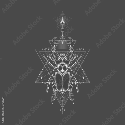 Vector illustration with hand drawn stag beetle and Sacred geometric symbol on black vintage background. Abstract mystic sign. White linear shape.