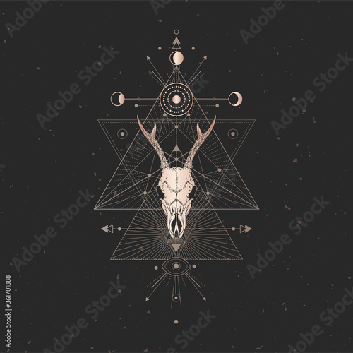 Vector illustration with hand drawn Roe deer skull and Sacred geometric symbol on black vintage background. Abstract mystic sign. Gold linear shape. For you design and magic craft.