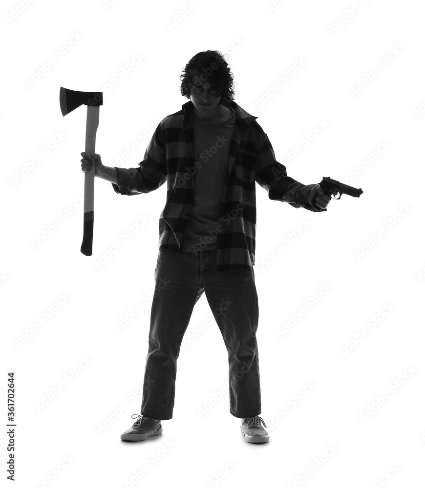 Silhouette of maniac with gun and axe on white background Silhouette of maniac with gun and axe on white background