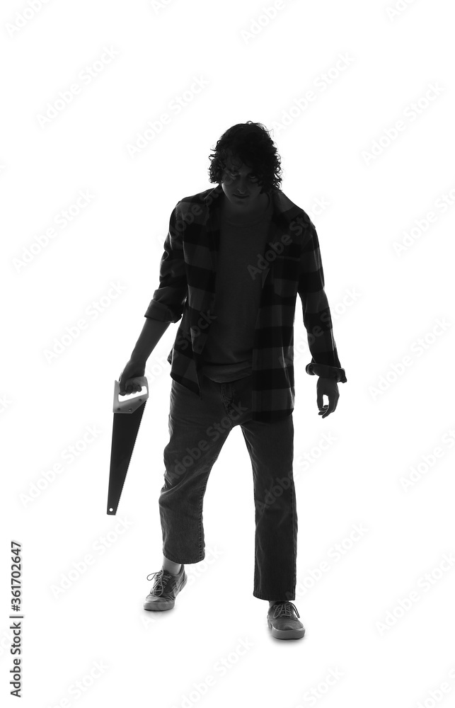 Silhouette of maniac with saw on white background Silhouette of maniac with saw on white background
