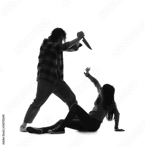 Silhouette of maniac with knife and his victim on white background