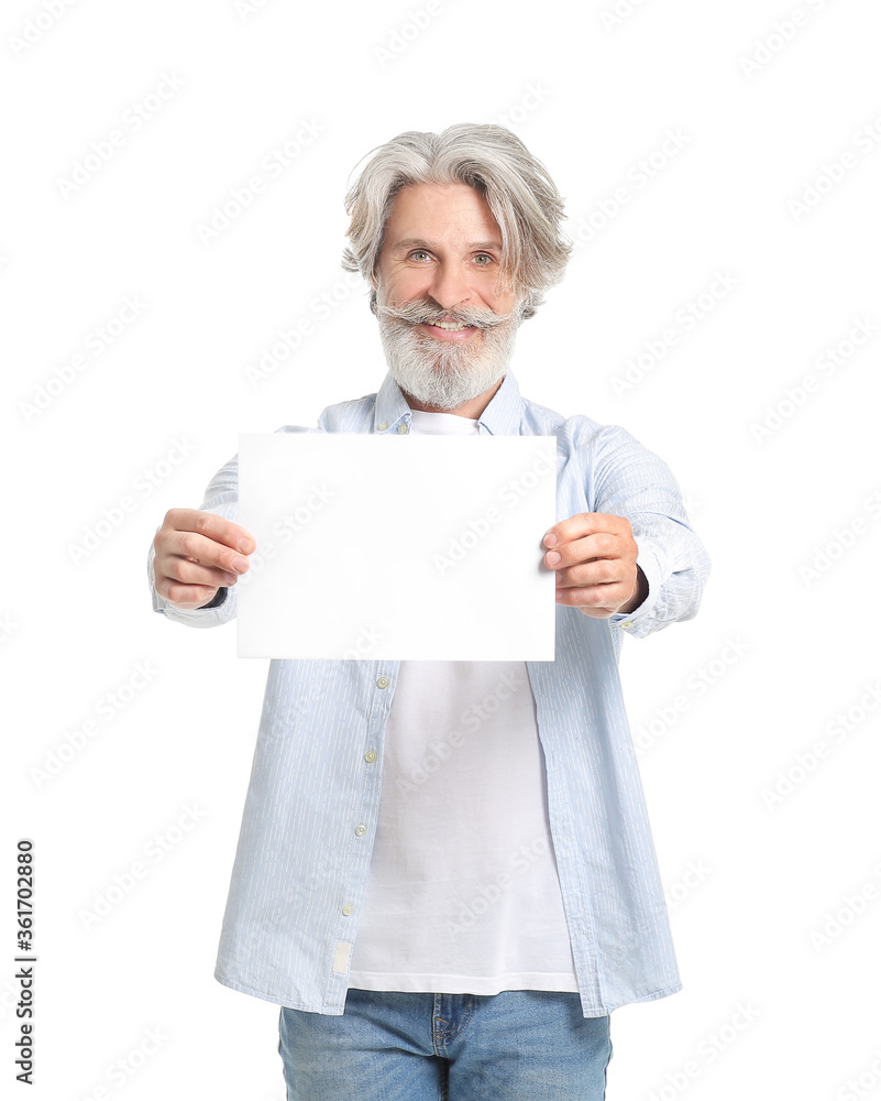 Senior man with blank card on white background Senior man with blank card on white background