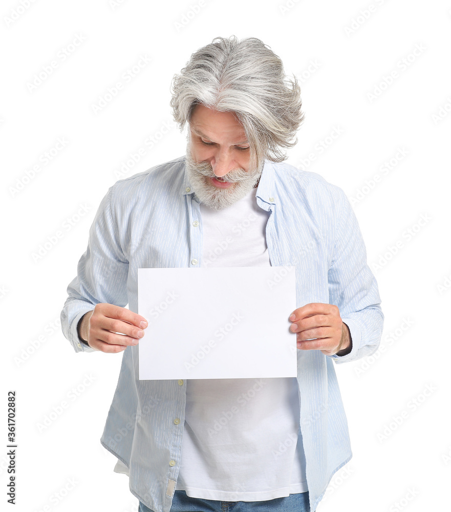 Senior man with blank card on white background Senior man with blank card on white background