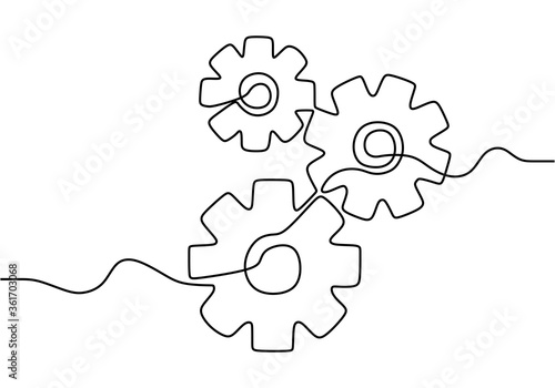 One continuous line of moving gears wheels. Round wheel metal symbol company logotype template for business teamwork concept. Dynamic single line draw graphic design vector illustration