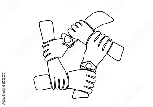 Continuous one line of five human hands holding each other. The process of young people to express the power of harmony, union and friendship. Teamwork concept, unity in work. Vector illustration