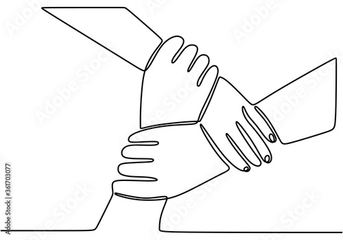 Continuous one line of three human hands holding each other. The process of young people to express the power of harmony, union and friendship. Teamwork concept, unity in work. Vector illustration