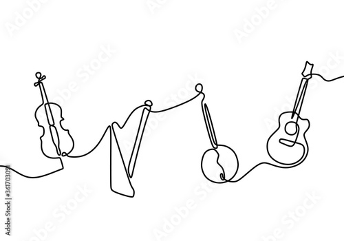 One continuous line drawing of jazz instrument. Musical tools of electric guitar, trumpet, violin, bass, and saxophone. Classical music instrument concept line drawn by hand on a white background