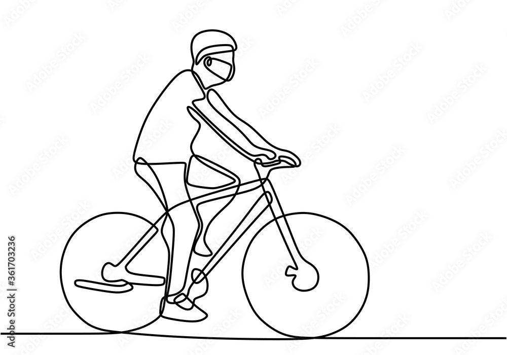 Fototapeta Continuous one line drawing man on a bicycle. A person riding a bike. The guy use bicycles for sports in the morning. Sport man doing exercise to make him health isolated on white background.