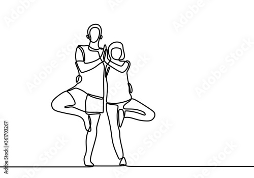 One line drawing of couple doing yoga exercise. Young man and woman standing with one legs and folded hand each other isolated on white background. Meditation for healthy life theme