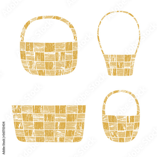 Wicker basket vector illustrations with a grungy wood texture, isolated on white