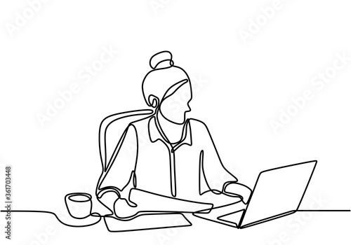 Continuous single drawn one line of woman with laptop. A young girl sitting and focus on her computer while typing on the keyboard. She home freelancer finishing job in her room. Vector illustration