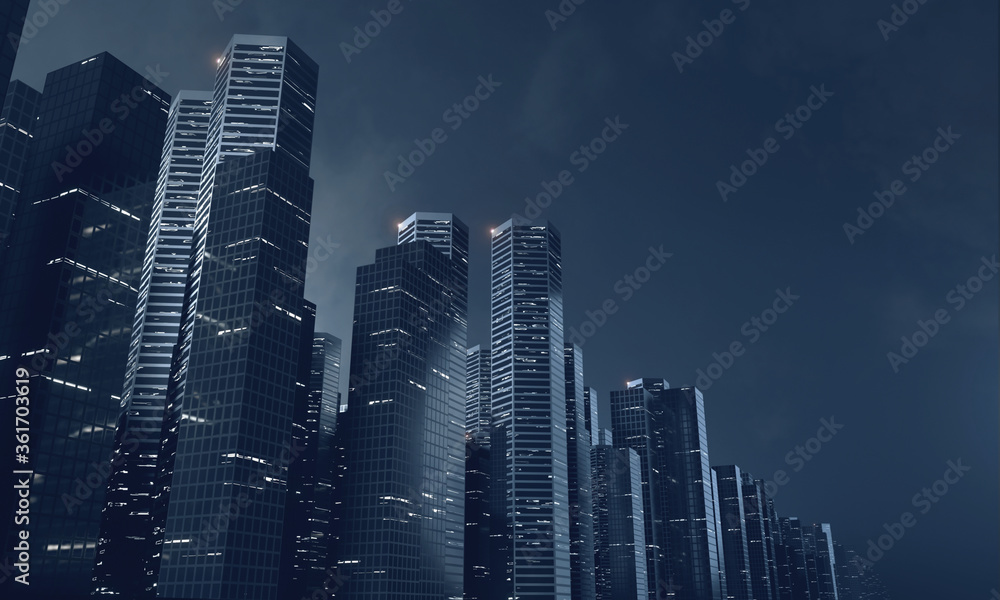 3D Rendering of futuristic virtual sci fi city. Many high sky scrapper building towers.  Concept for night life, business vision, technology product 