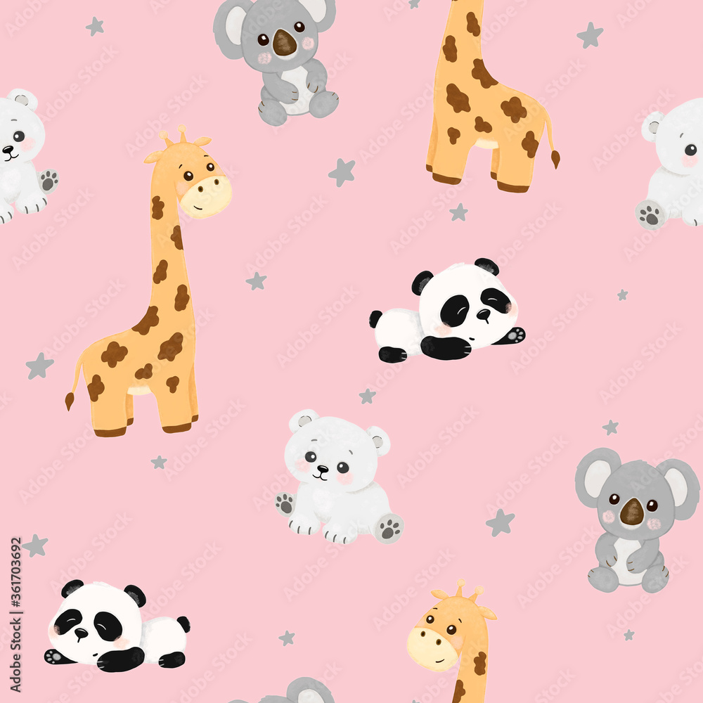 Obraz premium Seamless pattern for children, cute animals, koala, giraffe, polar bear, panda, stars 