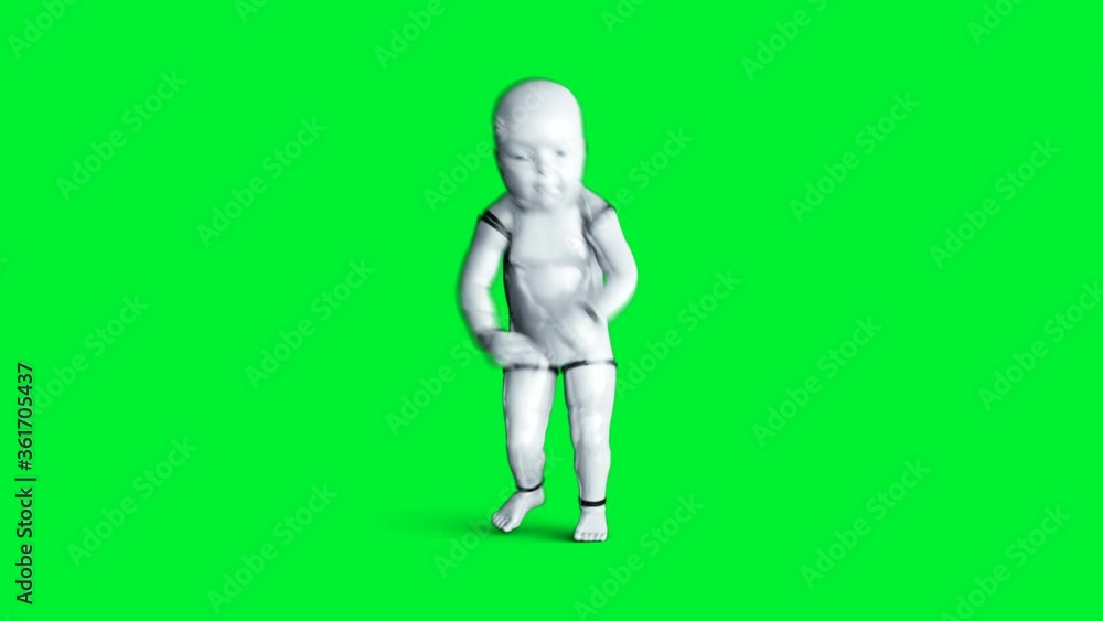 Baby robot animation. Phisical, motion, blur. Realistic 4k green screen animation.