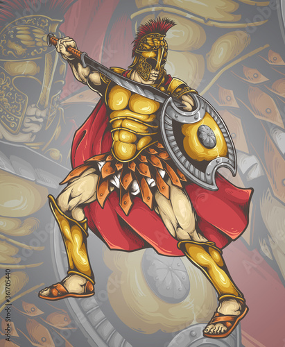 Vector illustration of spartan warrior fighter with sword, helmet, armor and shield ready for a battle
