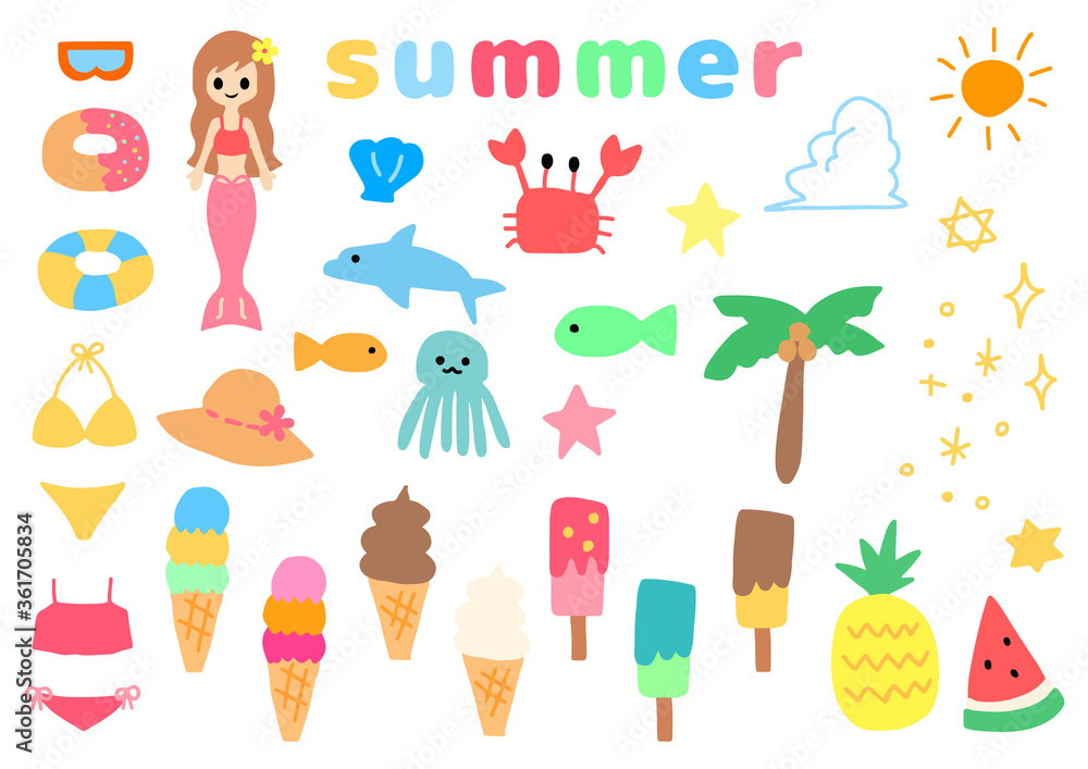 夏　手書き　アイコン　セット doodles summer icon 