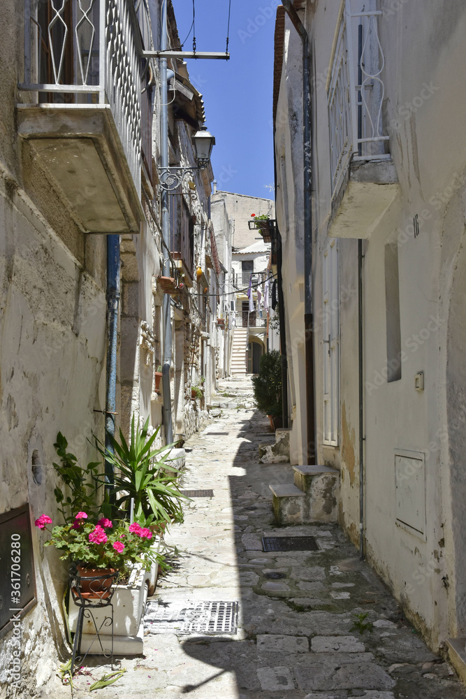 A narrow street between the old houses of the medieval village of San Giovanni Rotondo in Italy.
