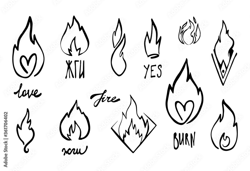 Cartoon line fire flame. Graphic vector elements and inscription burn