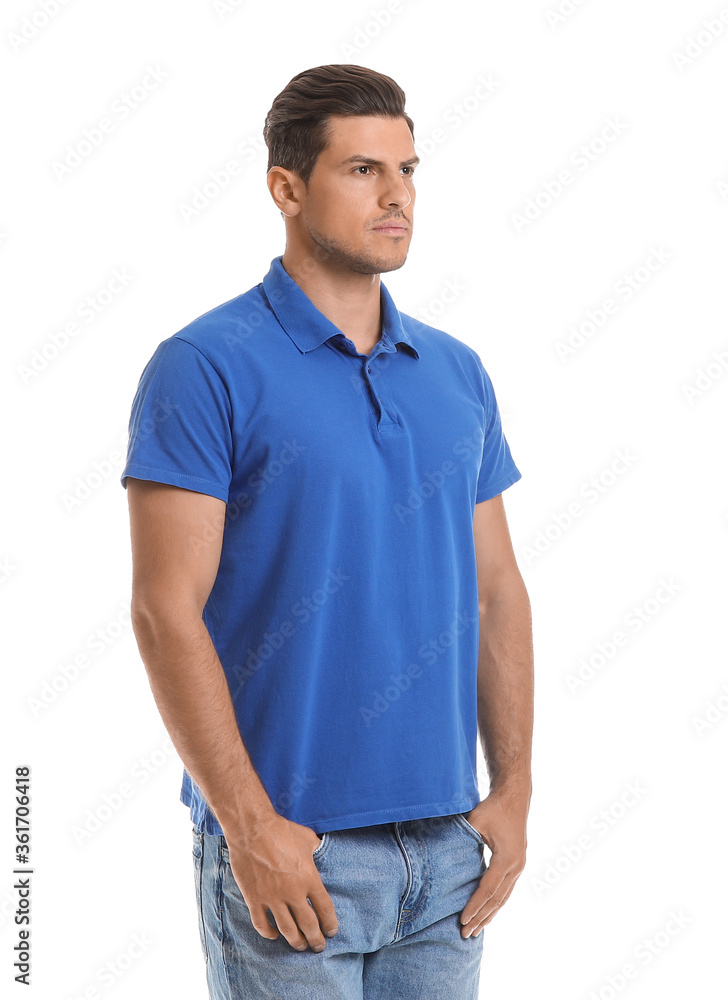 Fototapeta premium Young man in stylish t-shirt on white background