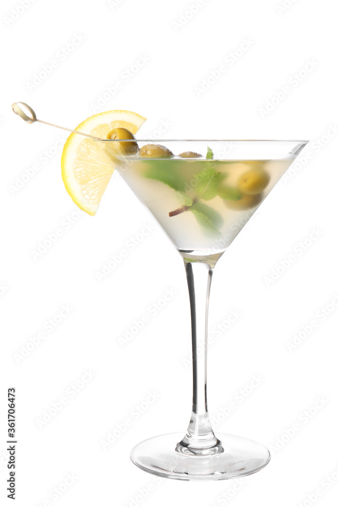 Glass of tasty martini cocktail on white background Glass of tasty martini cocktail on white background