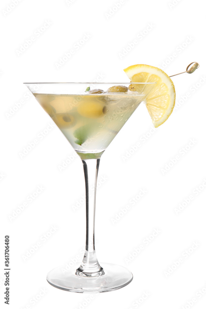 Glass of tasty martini cocktail on white background Glass of tasty martini cocktail on white background