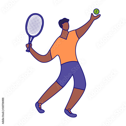Tennis player man hitting ball with racket dark skin.Vector line art illustration isolated on white background. © dukesn