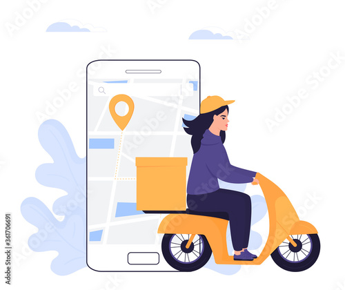 Courier girl delivers parcel on a motorcycle. Order food online.